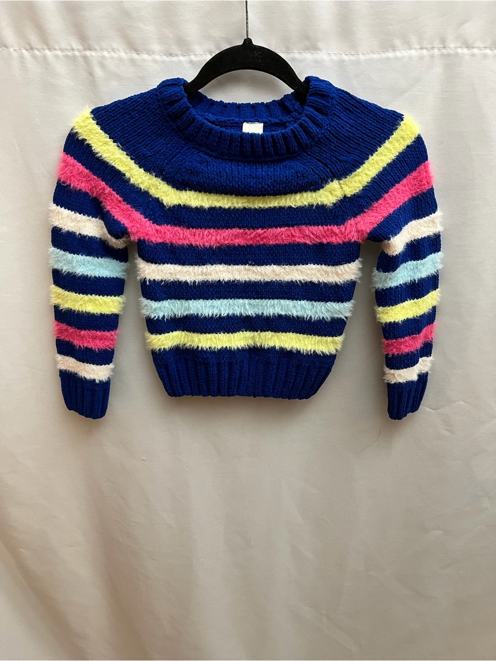 Thereabouts Girls XXS 4/5 Blue Fuzzy Striped Crewneck Knit Sweater Colorful